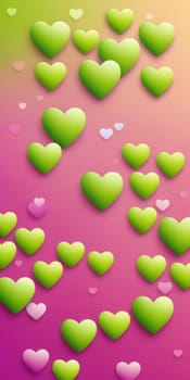 A gradient wallpaper with Heart shapes using lime and orchid colors. Generative AI.