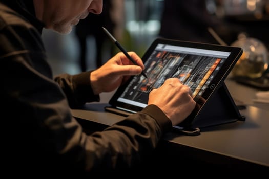 Close up of a Graphic Designer hand drawing on a digital tablet Generative AI.