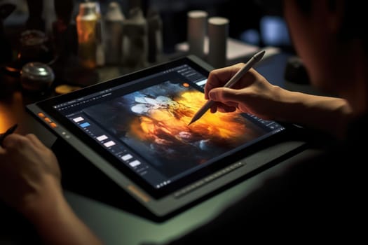 Close up of a Graphic Designer hand drawing on a digital tablet Generative AI.