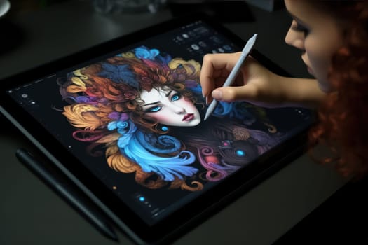 Close up of a Graphic Designer hand drawing on a digital tablet Generative AI.
