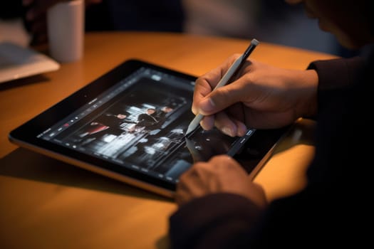 Close up of a Graphic Designer hand drawing on a digital tablet Generative AI.