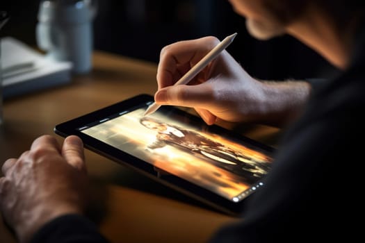 Close up of a Graphic Designer hand drawing on a digital tablet Generative AI.