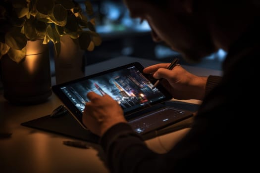 Close up of a Graphic Designer hand drawing on a digital tablet Generative AI.