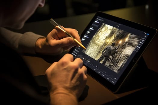 Close up of a Graphic Designer hand drawing on a digital tablet Generative AI.