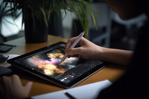 Close up of a Graphic Designer hand drawing on a digital tablet Generative AI.