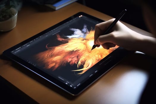Close up of a Graphic Designer hand drawing on a digital tablet Generative AI.