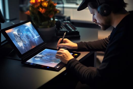 Close up of a Graphic Designer hand drawing on a digital tablet Generative AI.