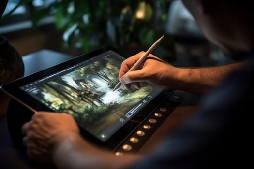 Close up of a Graphic Designer hand drawing on a digital tablet Generative AI.