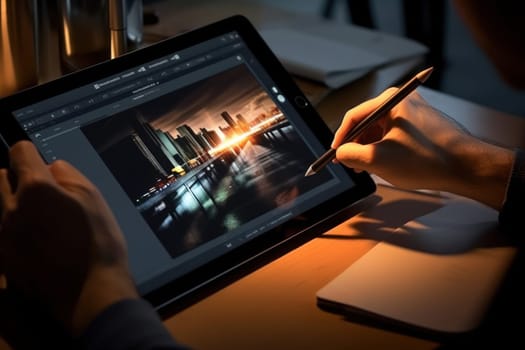 Close up of a Graphic Designer hand drawing on a digital tablet Generative AI.