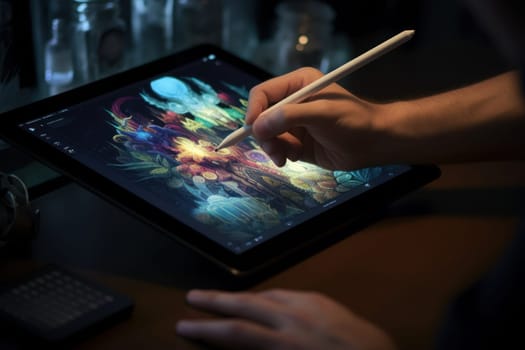 Close up of a Graphic Designer hand drawing on a digital tablet Generative AI.
