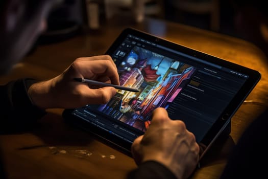 Close up of a Graphic Designer hand drawing on a digital tablet Generative AI.
