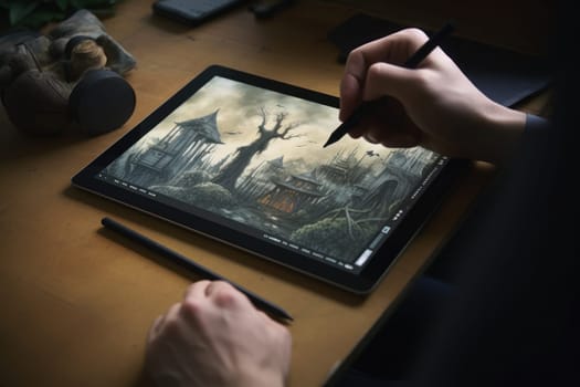 Close up of a Graphic Designer hand drawing on a digital tablet Generative AI.