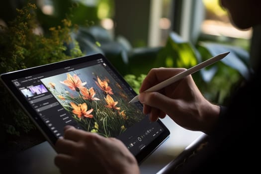 Close up of a Graphic Designer hand drawing on a digital tablet Generative AI.