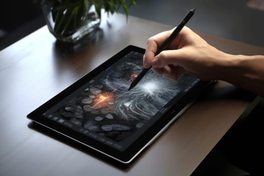 Close up of a Graphic Designer hand drawing on a digital tablet Generative AI.