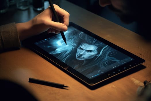 Close up of a Graphic Designer hand drawing on a digital tablet Generative AI.