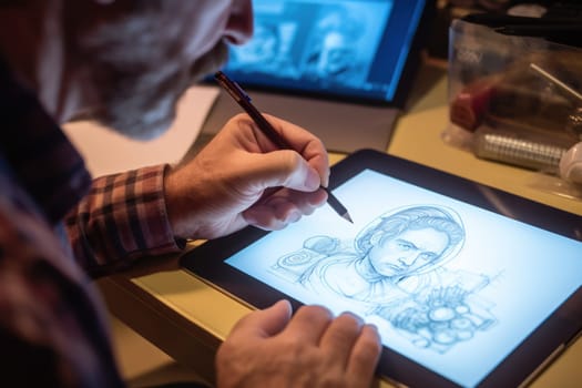 Close up of a Graphic Designer hand drawing on a digital tablet Generative AI.