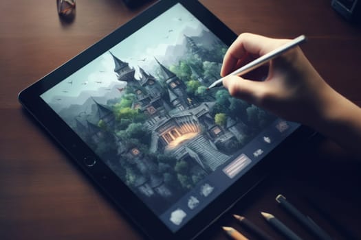Close up of a Graphic Designer hand drawing on a digital tablet Generative AI.