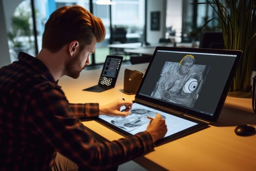 Close up of a Graphic Designer hand drawing on a digital tablet Generative AI.
