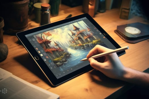 Close up of a Graphic Designer hand drawing on a digital tablet Generative AI.
