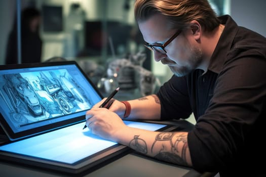 Close up of a Graphic Designer hand drawing on a digital tablet Generative AI.