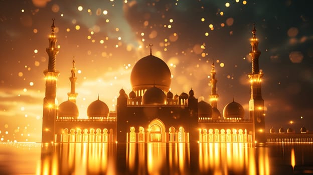 Ramadan mosque at golden dusk background. Neural network generated in January 2024. Not based on any actual scene or pattern.