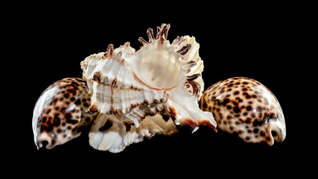 Composition of several seashells on a black background. Still life of shells