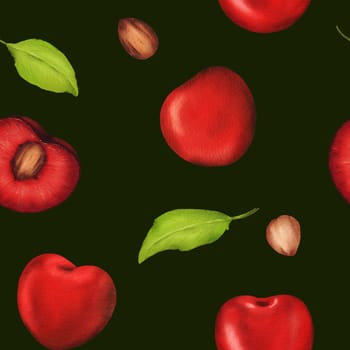 Seamless watercolor pattern with luscious, vibrant cherries. Ideal for kitchen decor, recipes, textiles, jam labels, aprons, packaging, juices, cherry sweets, and gum wrappers.