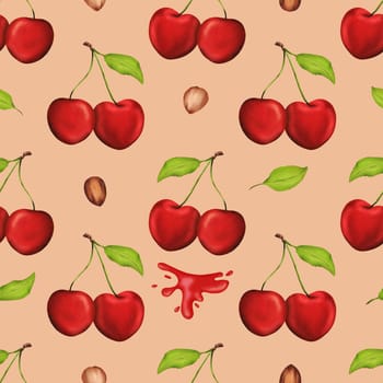 Vibrant, juicy cherries adorn this seamless watercolor pattern. Ideal for kitchen decor, recipes, textiles, jam labels, aprons, packaging, juices, cherry sweets, and gum wrappers.