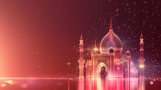 Muslim Ramadan mosque beautiful burgundy background. Neural network generated in January 2024. Not based on any actual scene or pattern.