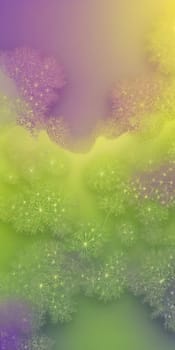 An artwork with Fractal shapes using lime and lavender gradient colors. Generative AI.