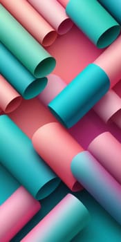 An artwork with Cylindrical shapes using aqua and pink gradient colors. Generative AI.