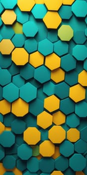 An artwork with Hexagonal shapes using yellow and darkturquoise gradient colors. Generative AI.