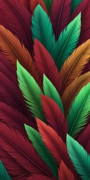 An artwork with Feathered shapes using maroon and lawngreen gradient colors. Generative AI.