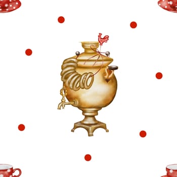 Maslenitsa watercolor pattern with Russian samovar, red tea cup and bagels . Seamless illustration with traditional Christian holiday objects. Russian Shrovetide Week. For printing on fabrics and kitchen textiles. High quality illustration