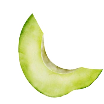 Avocado slice watercolor realistic drawing of ripe fruit on isolated white background. Part of exotic green vegetable for menu design of health food cafe. Vegetarian chip. High quality illustration