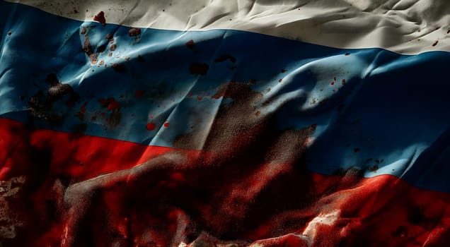 Russian flag covered with blood splatter fill-frame close view. Neural network generated in January 2024. Not based on any actual scene.