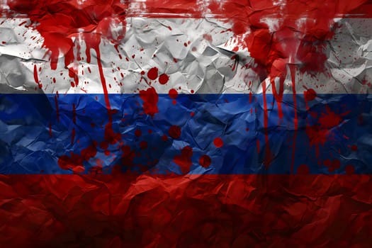 Russian flag covered with blood splatter fill-frame close view. Neural network generated in January 2024. Not based on any actual scene.