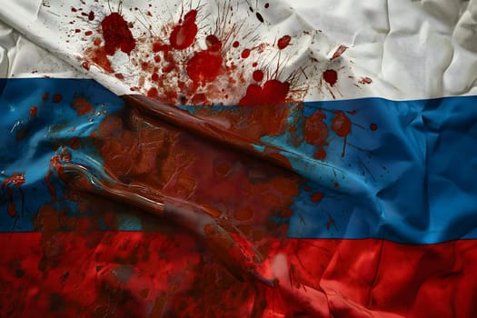 Russian flag covered with blood splatter fill-frame close view. Neural network generated in January 2024. Not based on any actual scene.