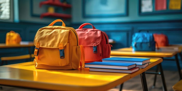 School bag in a room of school. photo for advertising. Generative AI.