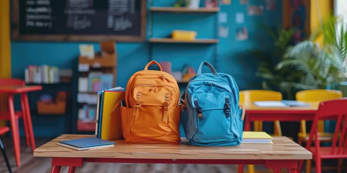 School bag in a room of school. photo for advertising. Generative AI.