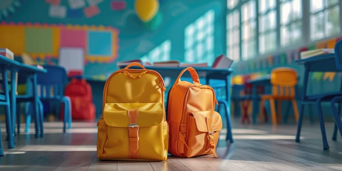 School bag in a room of school. photo for advertising. Generative AI.