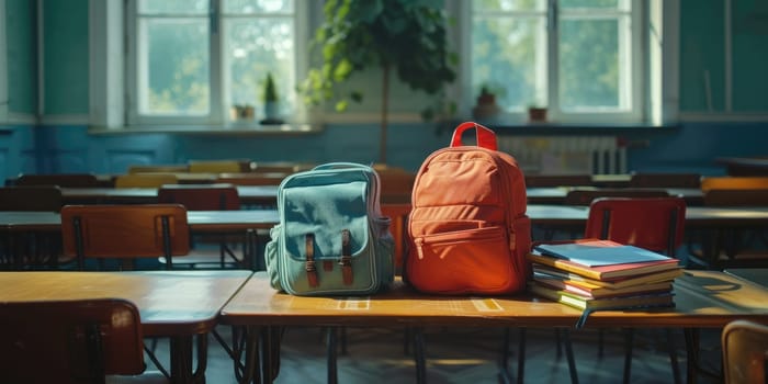 School bag in a room of school. photo for advertising. Generative AI.