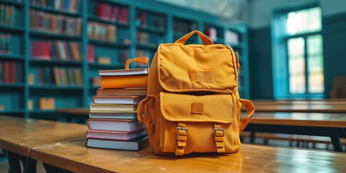 School bag in a room of school. photo for advertising. Generative AI.