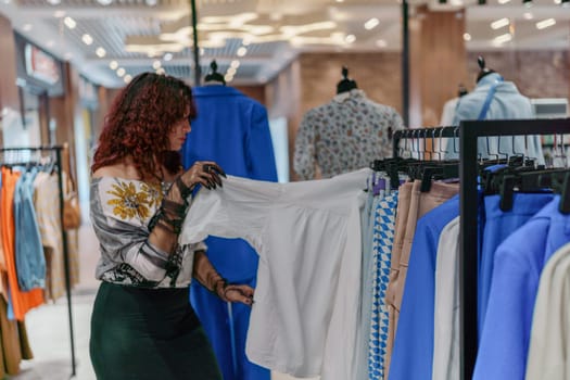 Shopping woman, women's fashion clothes in a store, boutique. Woman choosing clothes in a store.