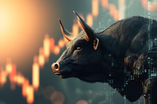 Bull with stock market chart in the background, closeup with selective focus Neural network generated in January 2024. Not based on any actual scene.