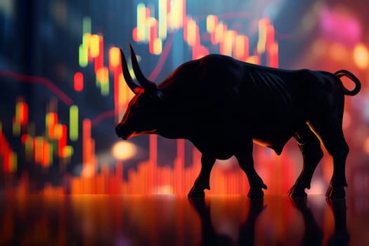 Bull with stock market chart in the background, closeup with selective focus Neural network generated in January 2024. Not based on any actual scene.