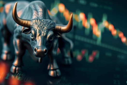 Bull with stock market chart in the background, closeup with selective focus Neural network generated in January 2024. Not based on any actual scene.