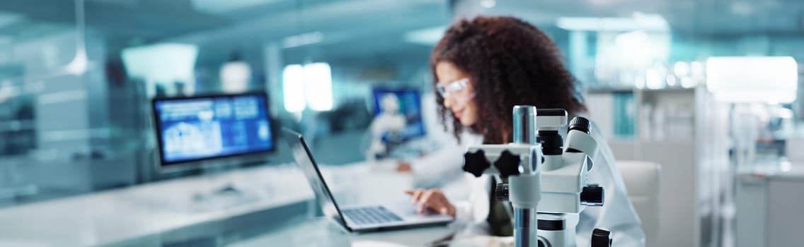 Laptop, woman or scientist with microscope or research in lab for chemistry report or medical test feedback. Bacteria, person typing or science update for online medicine development news on website.