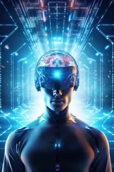 Futuristic man with a digital brain, perfect for themes related to AI, machine learning, and advanced computing in education and tech sectors. IT, cyberspace, computer data transfer. Generative AI
