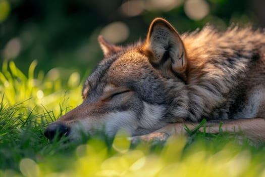 Gray wolf sleeping in the sun on the grass with closed eyes.